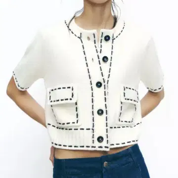 Zara 스티치 화이트 숏 니트 반팔 캐주얼