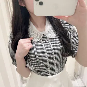 evelyn 옷깃 비쥬 프릴 블라우스 깅엄