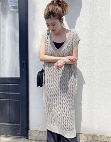 Spick&Span 시스루 패턴 레이어드 롱 니트 풀오버 베이지