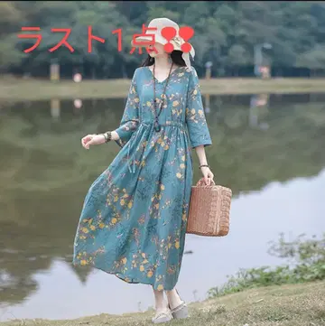 롱 원피스 7부 소매 꽃무늬 V넥 체형 커버 허리 마크