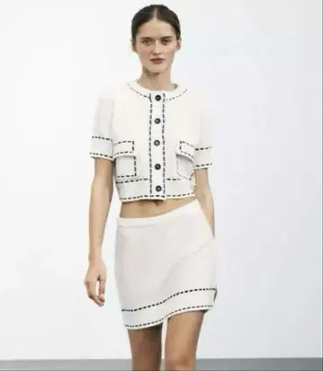 ZARA 스티치 숏 슬리브 니트 자켓 화이트 S