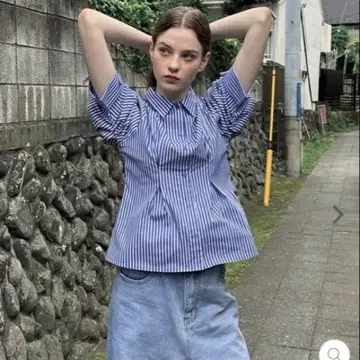 POPPY 아사기뇨 캔디 퍼프 스트라이프 셔츠 포피 셔츠 블루