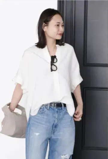 JOURNAL STANDARD 레이온 린넨 노카라 블라우스 셔츠 화이트