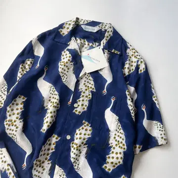 새상품 NIPOALOHA PEACOCK 알로하 셔츠 자쿠 NAVY
