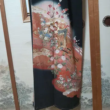 럭셔리 블랙 전통 예복 기모노 순수 실크 5개 문장 날개 모양 재단