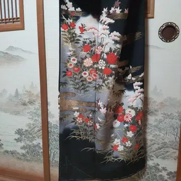 검정색 토메소데 다섯 문양 순수 실크 히요쿠