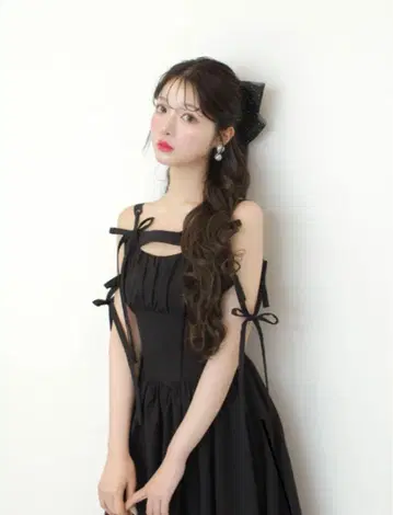 M me eme 리본 개더 플레어 롱 원피스