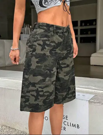 카모 패턴 데님 하프 팬츠 하프 팬츠