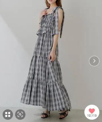 Chico 아지메 끈 디자인 체크 무늬 셔링 롱 원피스