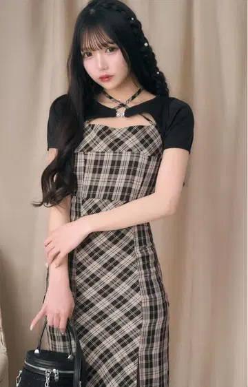 미셸 마카롱 앙상블 체크 원피스 브라운 x 베이지 프리