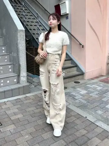 CHICO 데미지 와이드 데님 팬츠