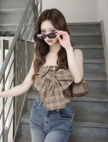 타탄 체크 리본 베어 탑 darich