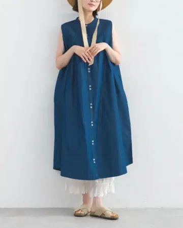 Lupilien 데님 핀턱 슬리브리스 원피스 네이비 데님