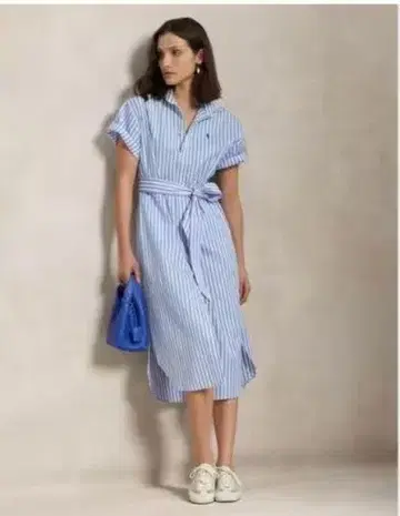 착용 횟수 적음 랄프 로렌 셔츠 원피스 허리 리본 스트라이프 블루