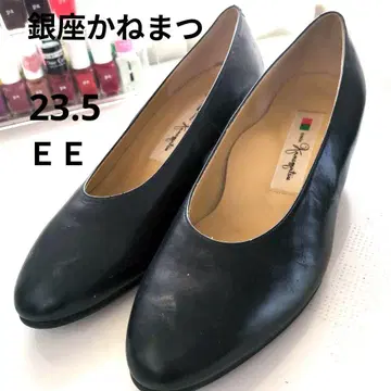 긴자 카네마츠 블랙 가죽 펌프스 미디힐 23.5 EE