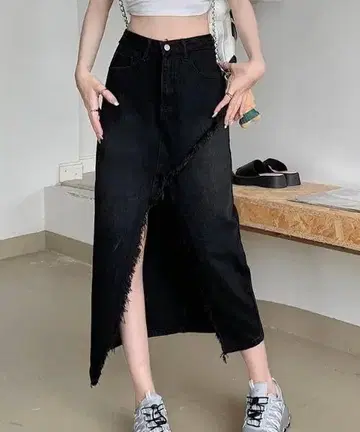프린지 데님 롱 스커트