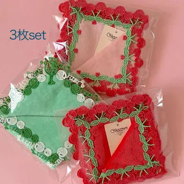 크림 소다 체리 2색 치카자와 레이스 타월 손수건 3매