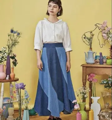 새상품급 포피 아사기뇨 마가렛 데님 스커트 POPPY 롱 기장 스캘럽