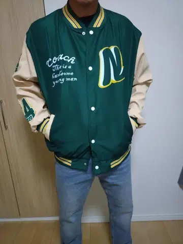 아메리칸 바시티 자켓 그린 베이지