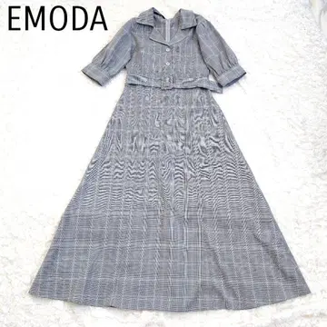 EMODA 에모다 벨트 포함 체크 무늬 롱 원피스 플레어 A 라인