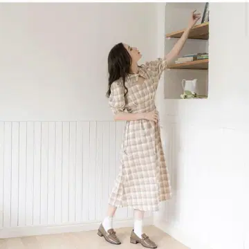 사이드 레이스업 퍼프 원피스 베이지 체크