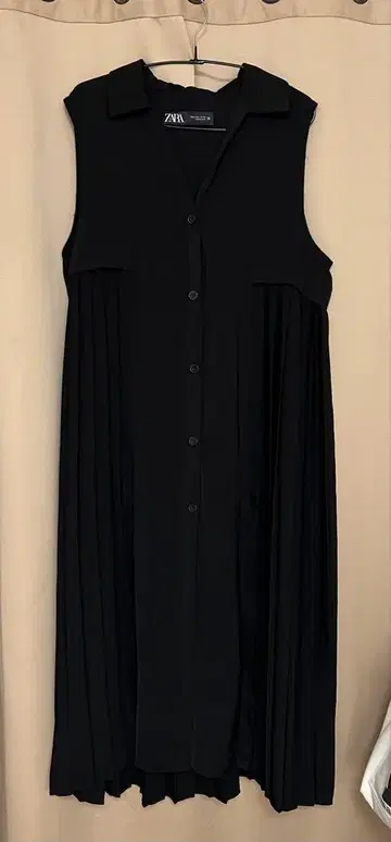 ZARA 슬리브리스 플리츠 셔츠 원피스 L 블랙