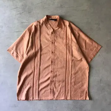 USED VINTAGE 노카라 셔츠 오렌지 살몬 핑크 반팔