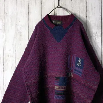 이탈리아제 구제 의류 디자인 니트 자수 퍼플 빅 루즈 L-XL 개성