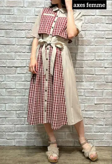 axes femme 패치워크 셔츠 원피스 베이지 & 빨간색
