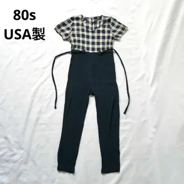 80년대 빈티지 USA 제작 레이온 체크 올인원 멜빵바지
