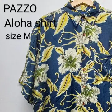 PAZZO 알로하 셔츠 M 네이비 올 패턴 꽃무늬 잎사귀 패턴 플라워