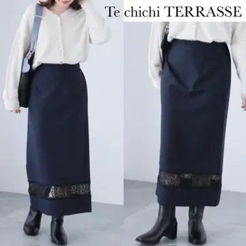 테치치 테라스 레이스 절개 스커트 네이비