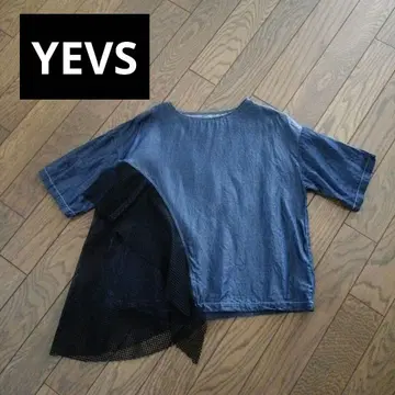 YEVS 데님 블루 반팔 셔츠 메쉬 절개