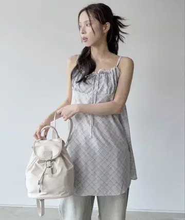 UNE MANSION 보헤미안 리본 체크 미니 원피스 SKYBULE