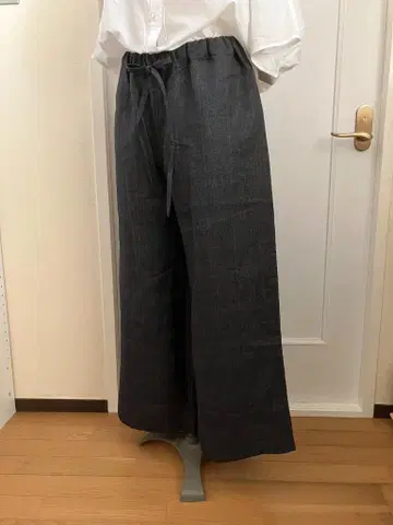 린넨 100% 다크 그레이 와이드 팬츠 허리밴딩 포켓 부착