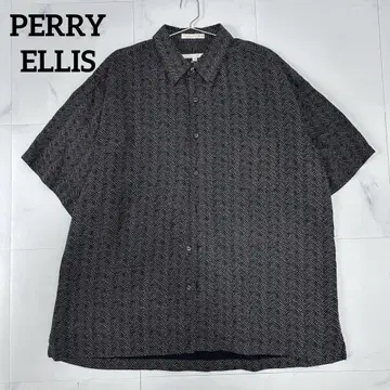 90's PERRY ELLIS 일본풍 패턴 린넨 셔츠 XL 블랙
