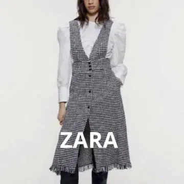 ZARA 점퍼 스커트 원피스 트위드 하운드투스 체크 화이트 블랙