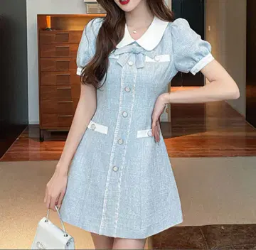 카라 퍼프 슬리브 원피스 한국 라이트 블루 파랑 스카이블루 트위드