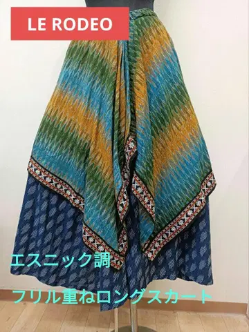 EL RODEO 프릴 겹침 롱 스커트 허리밴딩 에스닉 블루 계열