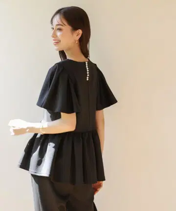 Emilyan 하이 스트레치 광택 분또 백 펄 페플럼 블라우스