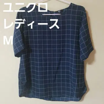 UNIQLO 유니클로 여성용 네이비 체크 무늬 반팔 셔츠 M 봄/여름