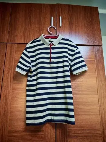 스트라이프 반팔 폴로셔츠 네이비 베이지