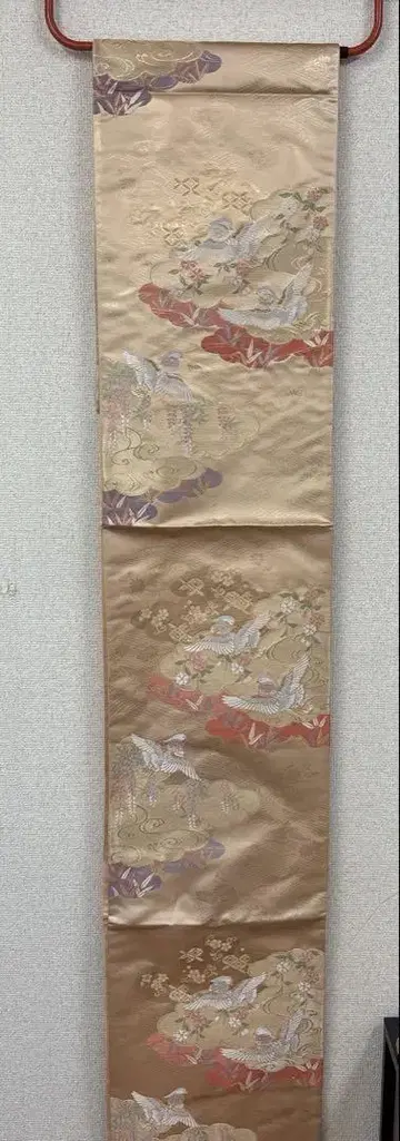 [미사용품] 후쿠로 오비 순수 실크 금 오비 등나무 새