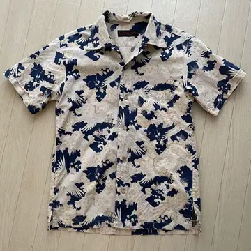 vintage 학 패턴 일본풍 아로하 셔츠