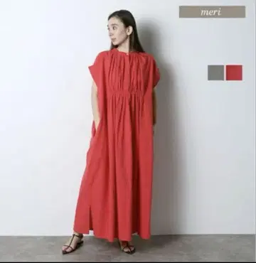 meri 밀리 밴드 칼라 린넨 원피스 빨강
