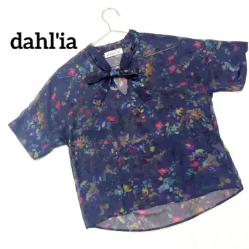 dahl'ia 달리아 시어 블라우스 보타이 리본 꽃무늬 수채화풍 네이비