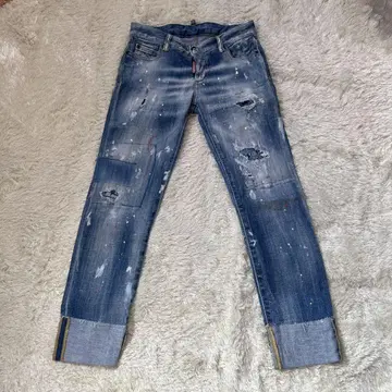 [ 1점만 ] 디스퀘어드 크롭 스키니 데님 페인트 가공 블루