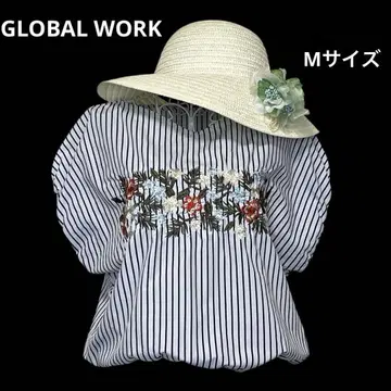 [ GLOBAL WORK ] 자수 블라우스 반팔 자수 스트라이프 꽃