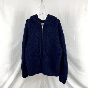 90s used handknit cable zipcardigan hood