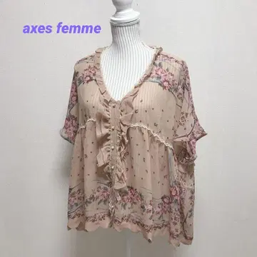 axes femme 반팔 블라우스 꽃무늬 쉬폰 펄 레이스 프릴 M 사이즈